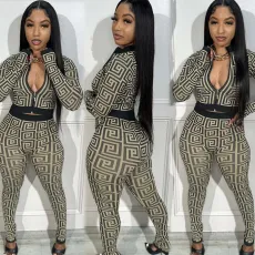 Fashion Print Long Sleeve Zipper Two Piece Pant Set NY-10702