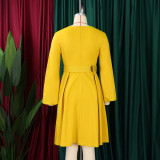 Long Sleeve O Neck Big Swing Midi Dress (With Waist Belt) GATE-D418