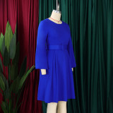 Long Sleeve O Neck Big Swing Midi Dress (With Waist Belt) GATE-D418