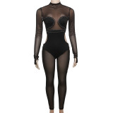 Mesh Splicing Hot Drill Tight Jumpsuit DLSF-K23Q38138