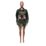 Gradient Color Denim Long Sleeve Short 2 Piece Set MEM-88535