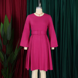 Long Sleeve O Neck Big Swing Midi Dress (With Waist Belt) GATE-D418