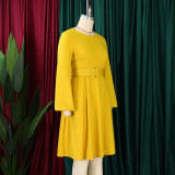 Long Sleeve O Neck Big Swing Midi Dress (With Waist Belt) GATE-D418