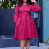 Long Sleeve O Neck Big Swing Midi Dress (With Waist Belt) GATE-D418