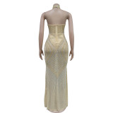 Hot Drill Mesh Halter Backless Maxi Dress BY-6811