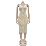 Solid Color Sexy Mesh Hot Drill Sling Midi Dress BY-6821