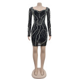 Mesh Hot Drill Long Sleeve Mini Dress BY-6777
