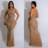 Hot Drill Mesh Halter Backless Maxi Dress BY-6811