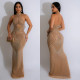 Hot Drill Mesh Halter Backless Maxi Dress BY-6811
