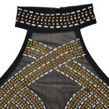 Hot Drill Mesh Halter Backless Maxi Dress BY-6811