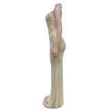 Hot Drill Mesh Halter Backless Maxi Dress BY-6811