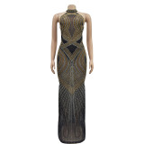 Hot Drill Mesh Halter Backless Maxi Dress BY-6811