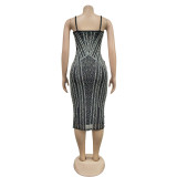 Solid Color Sexy Mesh Hot Drill Sling Midi Dress BY-6821