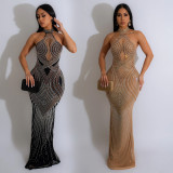 Hot Drill Mesh Halter Backless Maxi Dress BY-6811