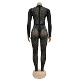 Solid Color Mesh Hot Drill Long Sleeve Jumpsuit BY-6788