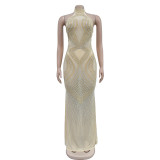 Hot Drill Mesh Halter Backless Maxi Dress BY-6811