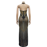 Hot Drill Mesh Halter Backless Maxi Dress BY-6811