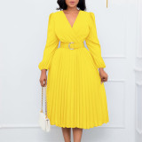 Long Sleeve V Neck Pleated Midi Dress(With Belt) GMLF-D3230