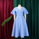 Flared Sleeves V-neck Big Swing Midi Dress GMLF-D3191