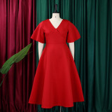 Flared Sleeves V-neck Big Swing Midi Dress GMLF-D3191