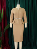 V Neck Ruffles Tops And Pencil Skirt 2 Piece Set GMLF-D3255