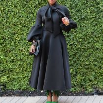 Tie Lantern Sleeve Bowknot Big Swing Midi Dress GMLF-B1-D427