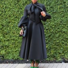 Tie Lantern Sleeve Bowknot Big Swing Midi Dress GMLF-B1-D427