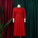 3/4 Sleeve Stand Neck Big Swing Midi Dress GMLF-D3222
