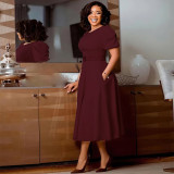 Solid Color Bubble Sleeve Big Swing Midi Dress(With Belt)  GMLF-L35-B1