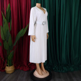 Long Sleeve V Neck Pleated Midi Dress(With Belt) GMLF-D3230