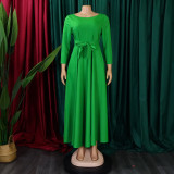 Plus Size Fashion Tie Up Big Swing Solid Maxi Dress GMLF-D3171