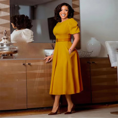Solid Color Bubble Sleeve Big Swing Midi Dress(With Belt)  GMLF-L35-B1