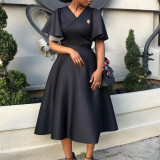 Flared Sleeves V-neck Big Swing Midi Dress GMLF-D3191