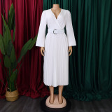 Long Sleeve V Neck Pleated Midi Dress(With Belt) GMLF-D3230