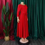 Plus Size Fashion Tie Up Big Swing Solid Maxi Dress GMLF-D3171