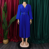 Long Sleeve V Neck Pleated Midi Dress(With Belt) GMLF-D3230