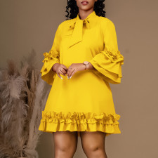 Loose Casual Ruffle Sleeve Tie Solid Midi Dress GMLF-D3248