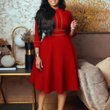 3/4 Sleeve Stand Neck Big Swing Midi Dress GMLF-D3222