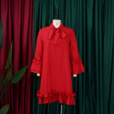 Loose Casual Ruffle Sleeve Tie Solid Midi Dress GMLF-D3248