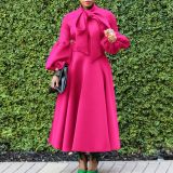 Tie Lantern Sleeve Bowknot Big Swing Midi Dress GMLF-B1-D427