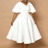 Flared Sleeves V-neck Big Swing Midi Dress GMLF-D3191