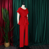 Solid Tie Up Tops And Wide Leg Pants 2 Piece Set GMLF-D3206
