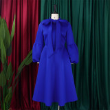 Tie Lantern Sleeve Bowknot Big Swing Midi Dress GMLF-B1-D427