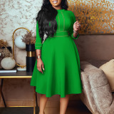 3/4 Sleeve Stand Neck Big Swing Midi Dress GMLF-D3222