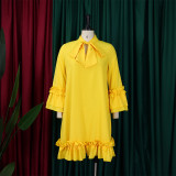 Loose Casual Ruffle Sleeve Tie Solid Midi Dress GMLF-D3248