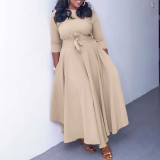 Plus Size Fashion Tie Up Big Swing Solid Maxi Dress GMLF-D3171