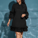 Loose Casual Ruffle Sleeve Tie Solid Midi Dress GMLF-D3248