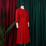 3/4 Sleeve Stand Neck Big Swing Midi Dress GMLF-D3222