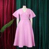 Flared Sleeves V-neck Big Swing Midi Dress GMLF-D3191
