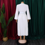 Long Sleeve V Neck Pleated Midi Dress(With Belt) GMLF-D3230